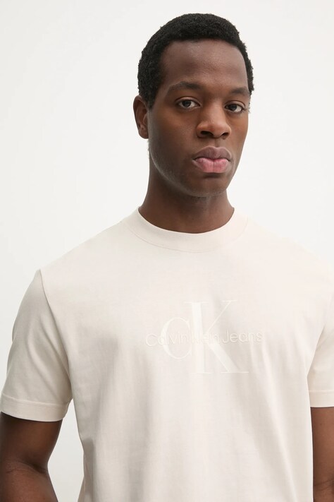 Calvin Klein Jeans tricou din bumbac barbati, culoarea bej, cu imprimeu, J30J327109