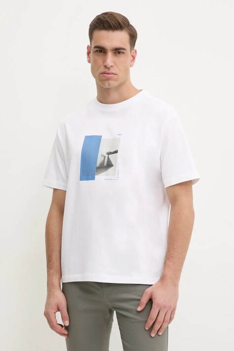 Boss Orange tricou din bumbac barbati, culoarea alb, cu imprimeu, 50534919