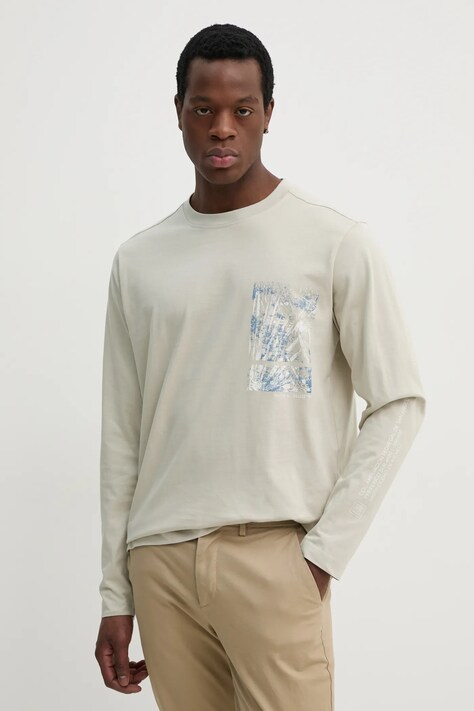 BOSS Orange longsleeve din bumbac culoarea bej, cu imprimeu, 50534926