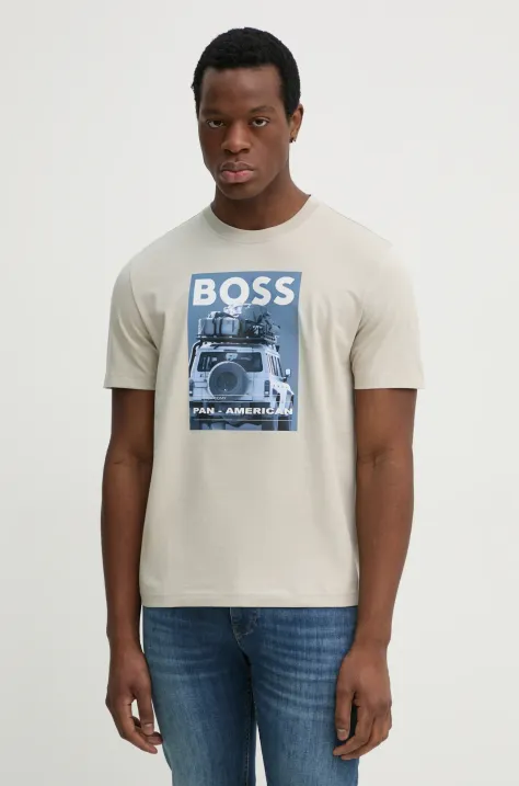 BOSS Orange tricou din bumbac barbati, culoarea bej, cu imprimeu, 50535079