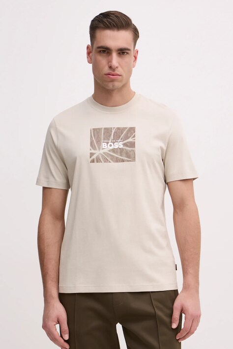 BOSS Orange tricou din bumbac barbati, culoarea bej, cu imprimeu, 50535112