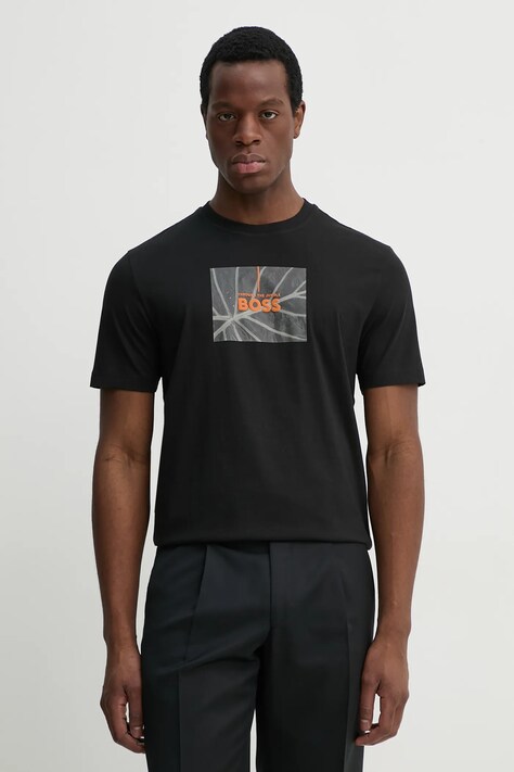 BOSS Orange tricou din bumbac barbati, culoarea negru, cu imprimeu, 50535112