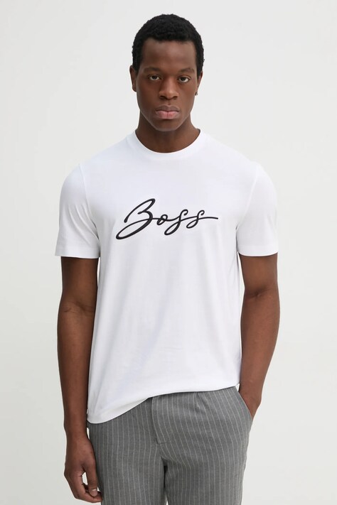 BOSS tricou din bumbac barbati, culoarea alb, cu imprimeu, 50531309
