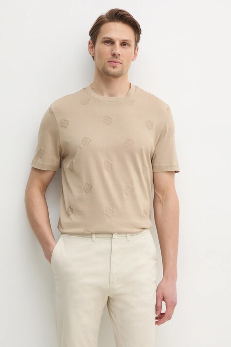 Хлопковая футболка BOSS мужская цвет бежевый узорная 50532753
