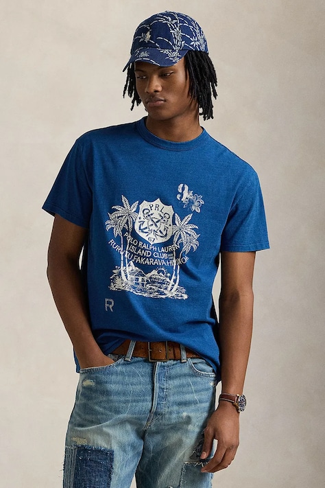 Памучна тениска Polo Ralph Lauren в синьо с принт 710958248