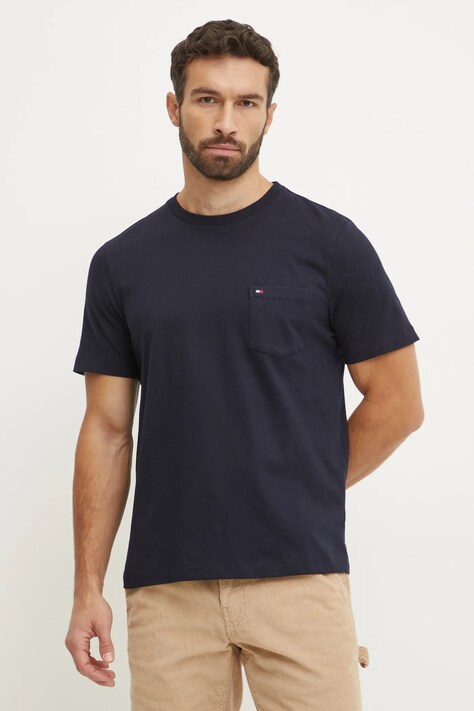 Tommy Hilfiger tricou din bumbac barbati, culoarea albastru marin, neted, MW0MW37283