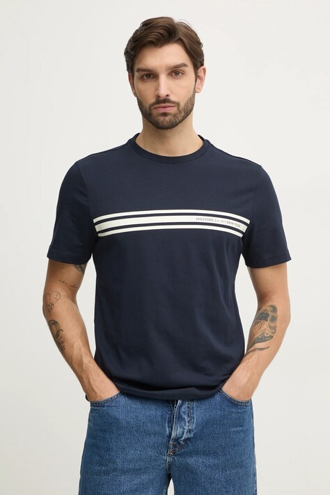 Tommy Hilfiger tricou din bumbac bărbați, culoarea bleumarin, cu imprimeu, MW0MW37443