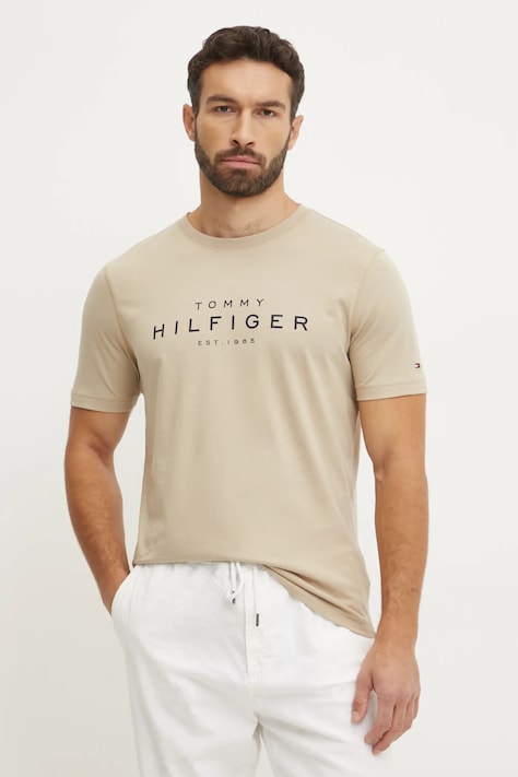 Tommy Hilfiger tricou din bumbac bărbați, culoarea bej, cu imprimeu, MW0MW37448