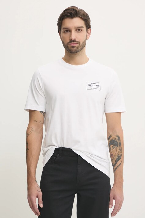 Tommy Hilfiger tricou din bumbac bărbați, culoarea alb, cu imprimeu, MW0MW37454