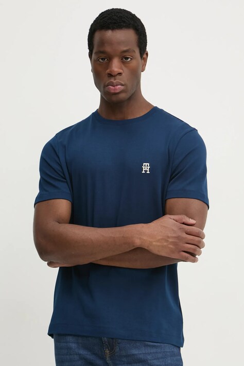 Tommy Hilfiger tricou din bumbac barbati, culoarea albastru marin, melanj, MW0MW37510