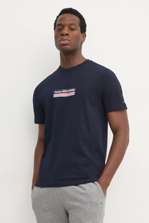 Tommy Hilfiger tricou din bumbac barbati, culoarea albastru marin, cu imprimeu, MW0MW38079