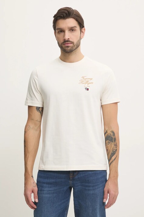 Tommy Hilfiger tricou din bumbac bărbați, culoarea bej, cu imprimeu, MW0MW38334