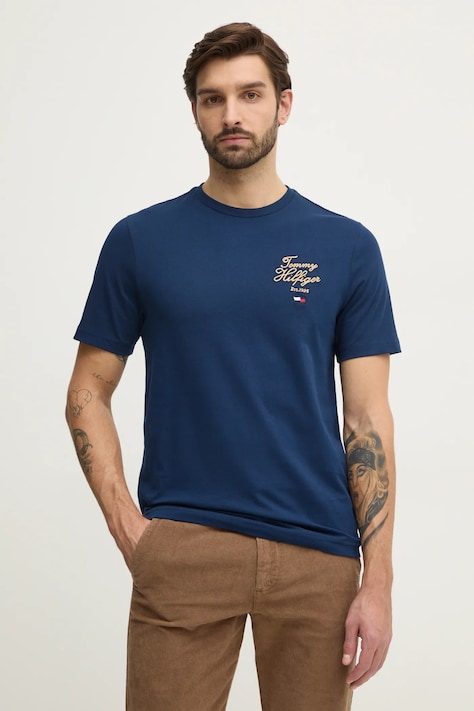 Pamučna majica Tommy Hilfiger za muškarce, boja: tamno plava, s aplikacijom, MW0MW38334