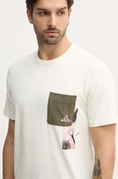 adidas t-shirt bawełniany M T LENS PKT T męski kolor beżowy z nadrukiem JJ3928