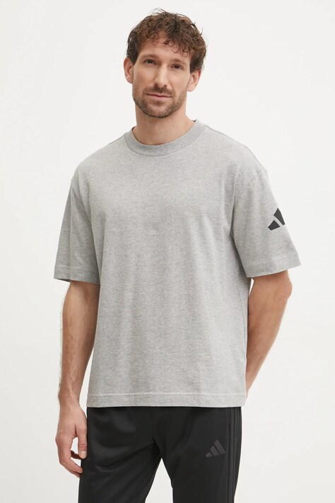 Bavlněné tričko adidas Essentials šedá barva, s potiskem, JF3618