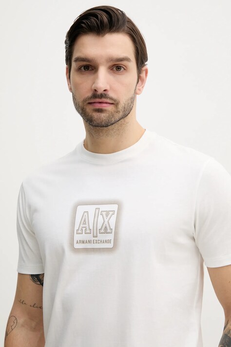 Armani Exchange tricou din bumbac barbati, culoarea bej, cu imprimeu, XM000545 AF10361