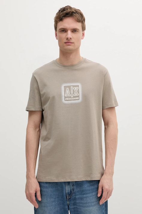 Armani Exchange tricou din bumbac barbati, culoarea bej, cu imprimeu, XM000545 AF10361