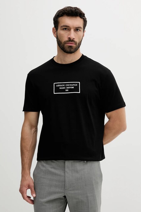 Bavlněné tričko Armani Exchange pánské, černá barva, s aplikací, XM000552 AF10356