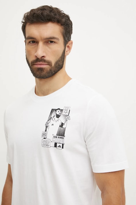 Bavlnené tričko adidas Performance Messi pánske, béžová farba, s potlačou, JJ1414