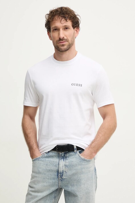 Guess tricou din bumbac barbati, culoarea alb, cu imprimeu, U4BM03 KCAM1