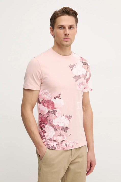 Guess tricou din bumbac barbati, culoarea roz, modelator, M5RI07 I3Z14