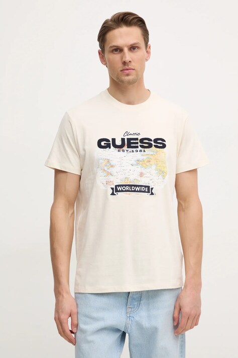 Бавовняна футболка Guess чоловіча колір бежевий з аплікацією M5RI10 I3Z14