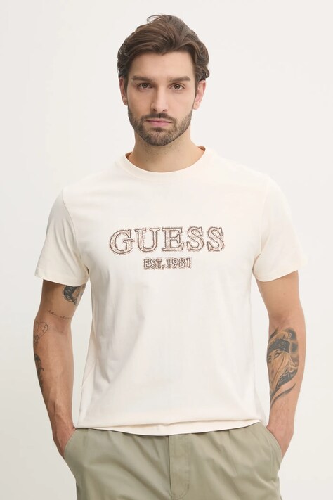 Guess tricou din bumbac bărbați, culoarea bej, cu imprimeu, M5RI23 K8FQ4