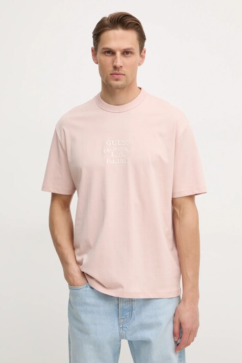 Guess tricou din bumbac barbati, culoarea roz, cu imprimeu, M5RI35 K8FQ4