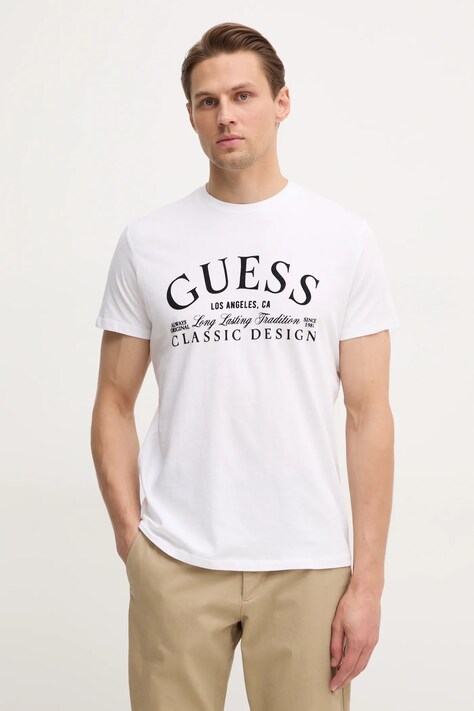 Guess tricou din bumbac barbati, culoarea alb, cu imprimeu, M5RI43 K9RM1