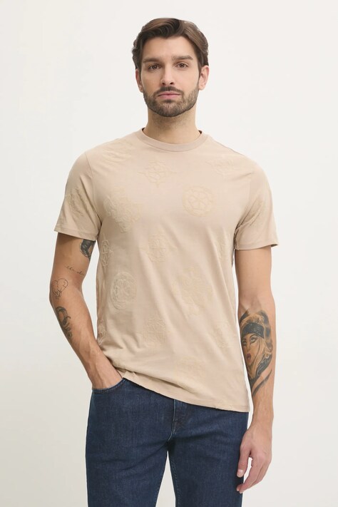Guess tricou din bumbac bărbați, culoarea bej, cu imprimeu, M5RI46 KBW41