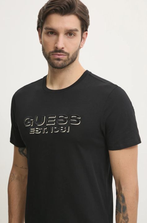 Pamučna majica Guess za muškarce, boja: crna, s aplikacijom, M5RI50 K9RM1