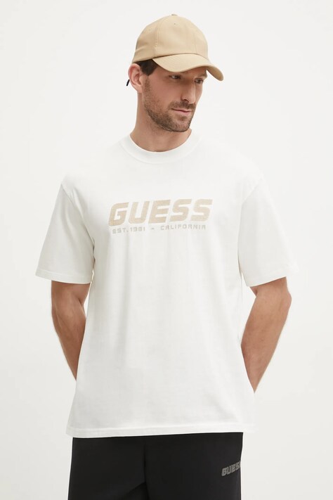 Guess tricou din bumbac SURON bărbați, culoarea bej, cu imprimeu, Z5RI10 I3Z14