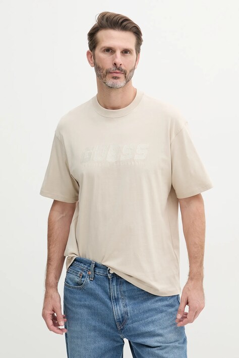 Guess tricou din bumbac SURON barbati, culoarea bej, cu imprimeu, Z5RI10 I3Z14