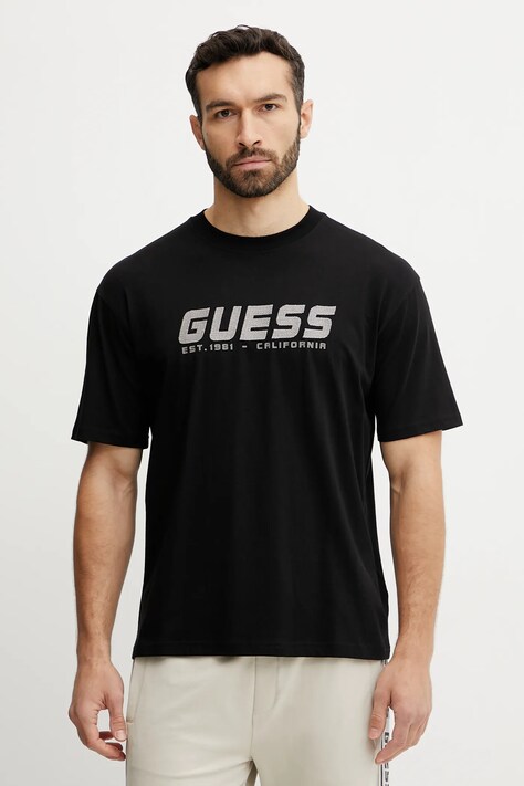 Guess tricou din bumbac SURON barbati, culoarea negru, cu imprimeu, Z5RI10 I3Z14