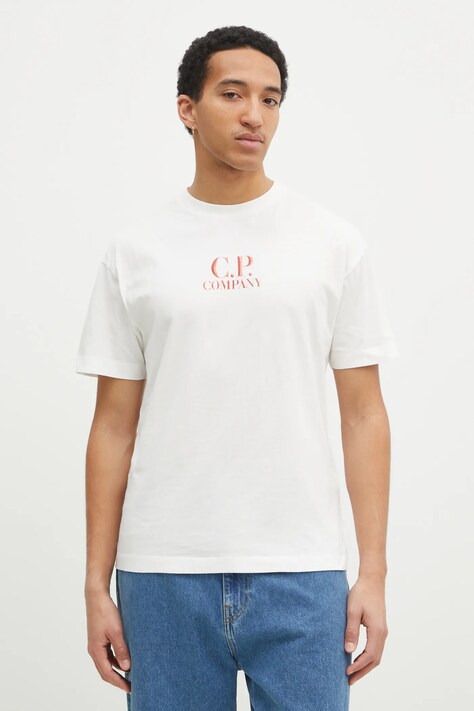 C.P. Company pamut póló fehér, férfi, nyomott mintás, 18CMTS141A005100W