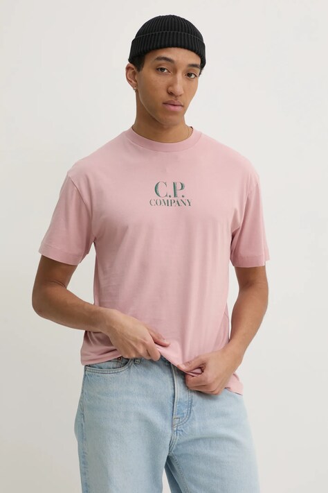 C.P. Company tricou din bumbac barbati, culoarea roz, cu imprimeu, 18CMTS141A005100W