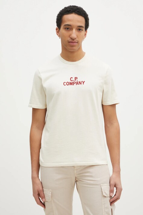 Bombažna kratka majica C.P. Company moška, bež barva, 18CMTS252A110094W