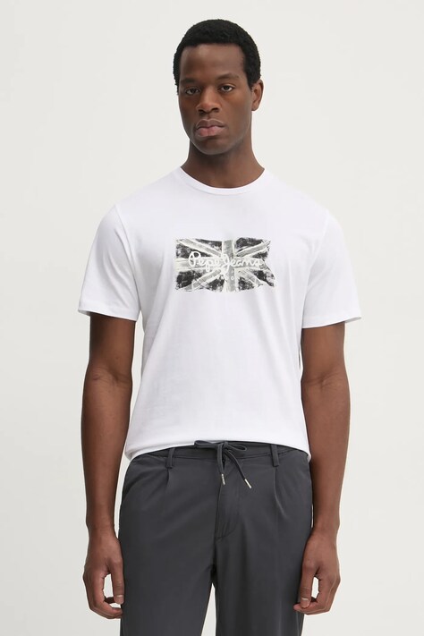 Pepe Jeans tricou din bumbac FLAG BW barbati, culoarea alb, cu imprimeu, PM509720