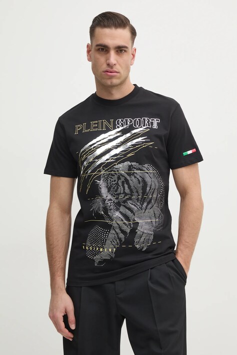 PLEIN SPORT tricou din bumbac barbati, culoarea negru, cu imprimeu, SAEC MTK8006 STE001N