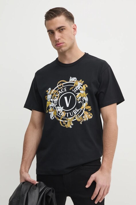 Versace Jeans Couture tricou din bumbac barbati, culoarea negru, cu imprimeu, 78GAHC01 CJ01C