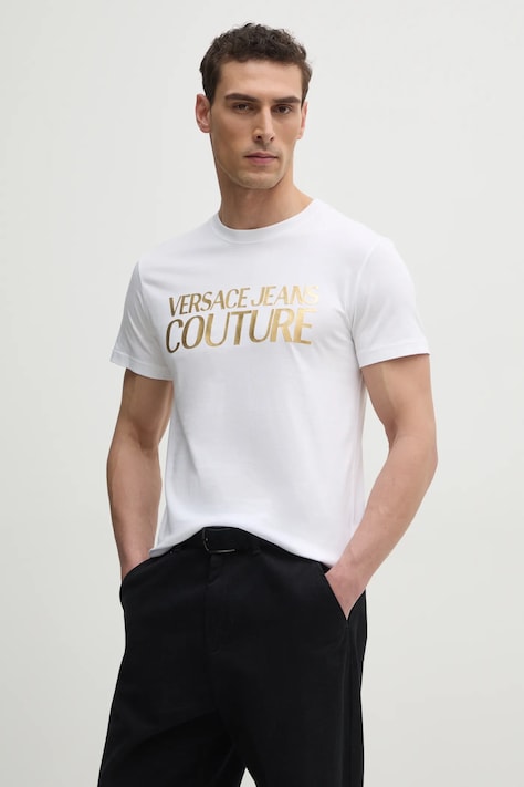 Bavlnené tričko Versace Jeans Couture pánske, biela farba, s potlačou, 78GAHT05 CJ00T