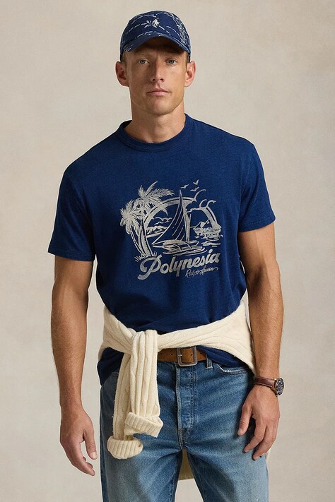 Хлопковая футболка Polo Ralph Lauren Short Sleeve мужская цвет синий с принтом 710958249