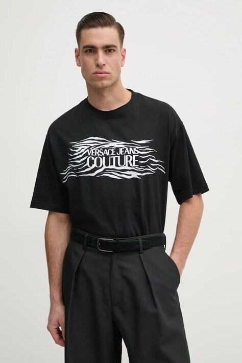 Versace Jeans Couture tricou din bumbac barbati, culoarea negru, cu imprimeu, 78GAH6L1 J0001