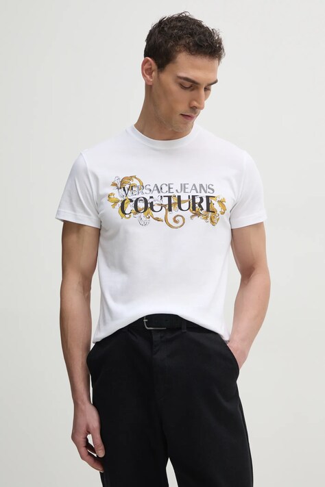 Bavlněné tričko Versace Jeans Couture bílá barva, s potiskem, 78GAHC05 CJ01C