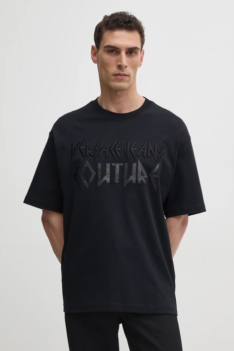 Versace Jeans Couture tricou din bumbac barbati, culoarea negru, cu imprimeu, 78GAHE02 CJ01E