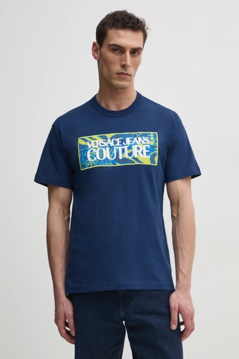 Versace Jeans Couture tricou din bumbac barbati, culoarea albastru marin, cu imprimeu, 78GAHE04 CJ00E