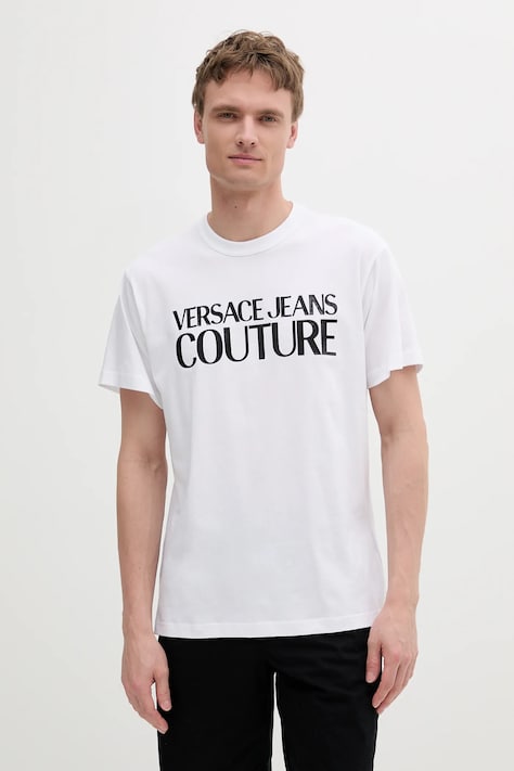 Bavlnené tričko Versace Jeans Couture pánske, biela farba, s potlačou, 78GAHE05 CJ00E