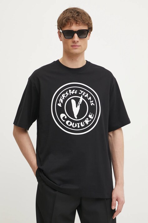 Versace Jeans Couture tricou din bumbac barbati, culoarea negru, cu imprimeu, 78GAHE08 CJ00E