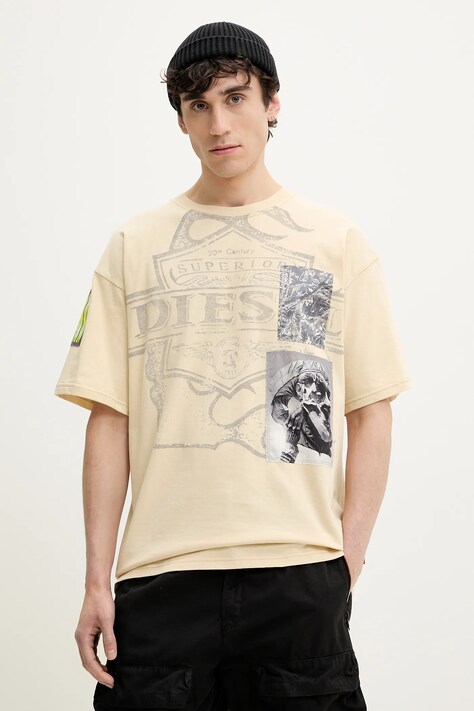 Bavlněné tričko Diesel T-BOXT-SLITS-R8 T-SHIRT béžová barva, A16162.0PLAT