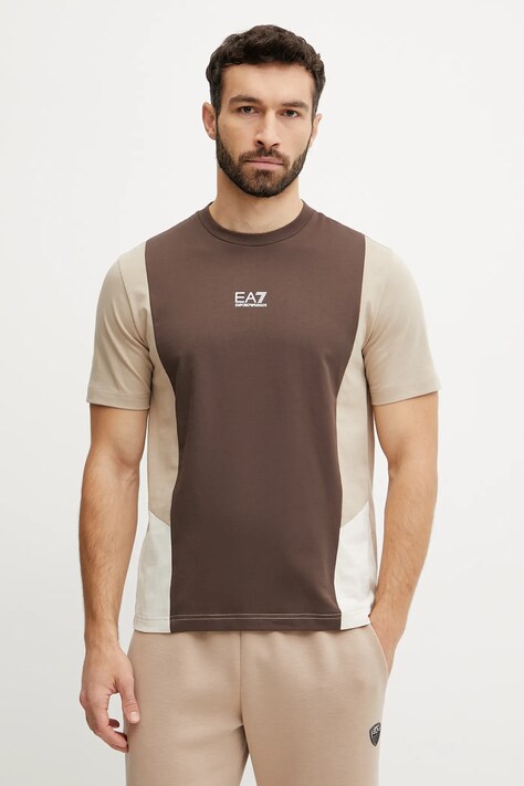 Bavlněné tričko EA7 Emporio Armani hnědá barva, AF12874.7M000276